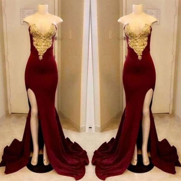 Long Dark Red Prom Dresses 2019 Sexy Strapless Gold Applique With