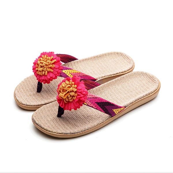 

women's linen slippers women's flat eva non-slip floral linen slides home shoes beach flip flops ladies flax shoes, Black