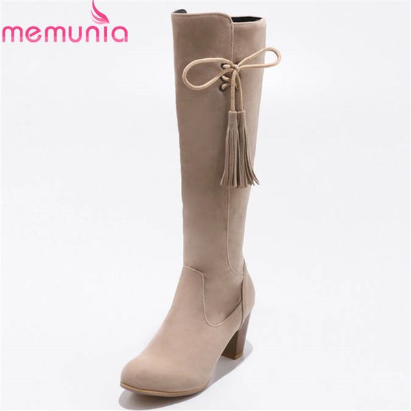 

memunia 2018 wholesale knee high boots women round toe autumn winter high heels boots lace up fashion shoes woman size 33-48, Black