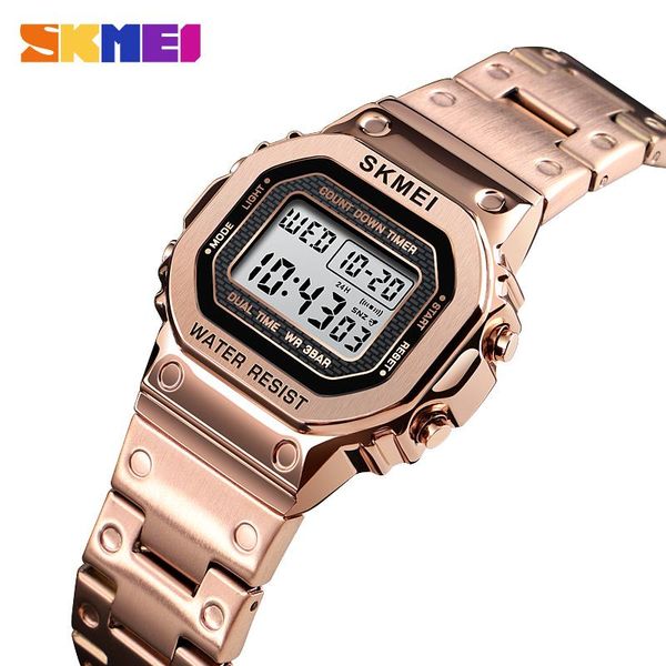 

skmei retro fashion digital watch women 30m waterproof multi-function watch stainless steel strap reloj digital mujer 1433 clock, Slivery;brown