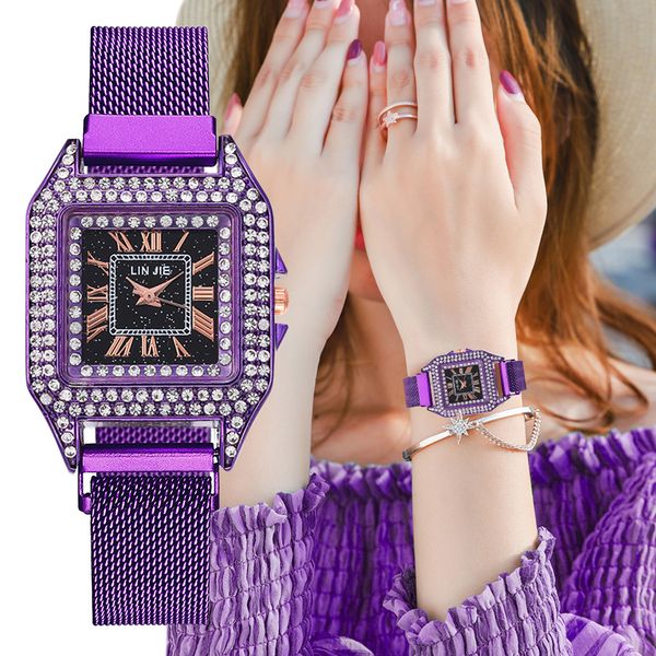 

2019 fashion casual quartz stainless steel women magnet buckle luxury full diamond watch reloj montre femme dropship #1845, Slivery;brown