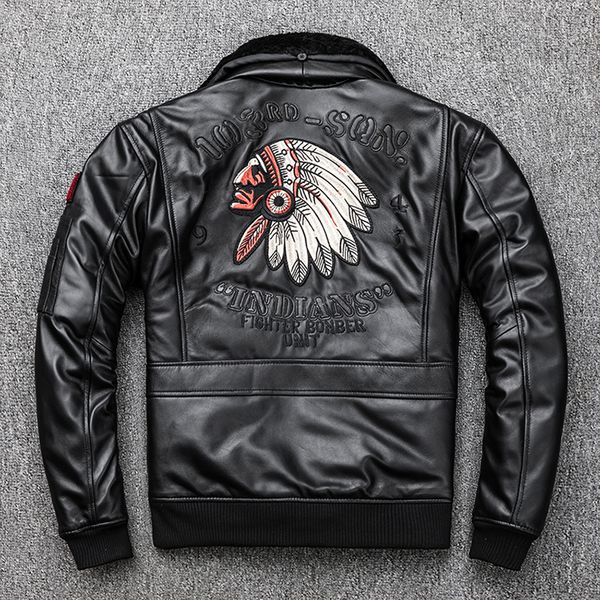 Schwarze indische Avatar-Stickerei, G1-Flugbomberjacken, Schaffell-Echtlederjacken, Motorrad-Lederjacke mit Lammfellkragen