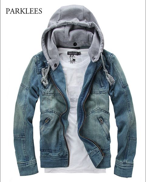 

2019 cotton hooded streetwear denim jacket men spring new hat detachable mens jackets and coats hipster zipper chaqueta hombre, Black;brown