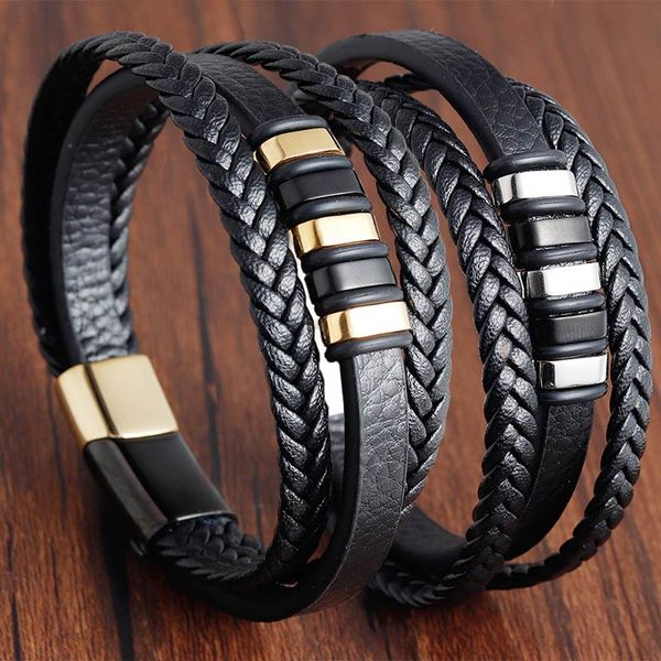 

sale 3 layers black gold punk style design genuine leather bracelet for men steel magnetic button birthday gift male bracelets, Golden;silver