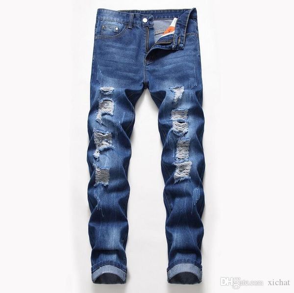 

big size mens classic straight leg ripped jeans fashion designer slim fit washed solid hole biker hip hop blue denim pants jb2