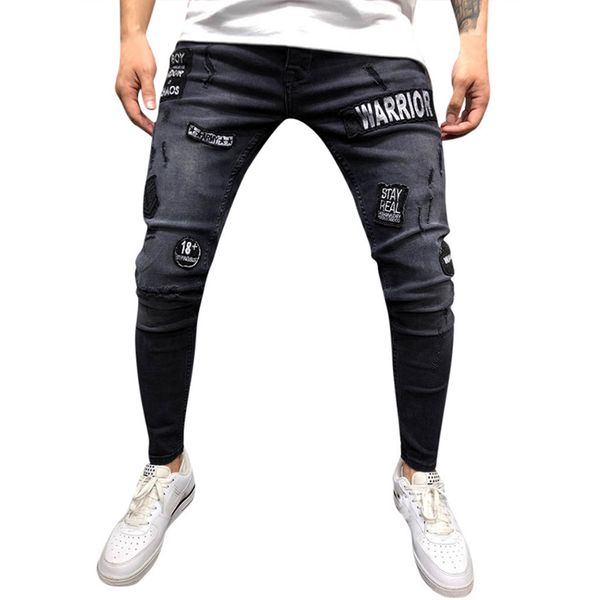 

men's print patchwork jeans fashion street wear slim fit stretch denim pencil pants rip pants, Blue
