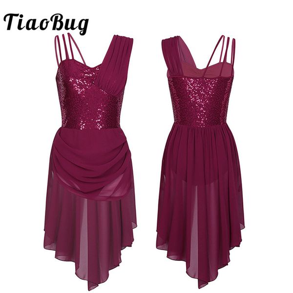 

tiaobug women spaghetti straps sequins ballet tutu irregular chiffon dress ballet gymnastics leotard stage dance costumes, Black;red