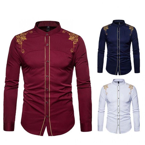 

men fashion men embroidery flower pattern turn-down collar long sleeve shirt cotton quality comfortable top, White;black