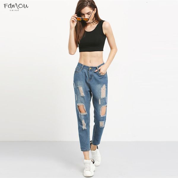 

Ripped Blue Distressed Ankle Capris Boyfriend Denim Jeans Women Casual Summer Autumn Plain Straight Leg Pants Spring Trousers