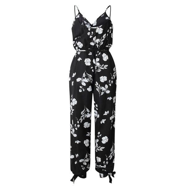 

2019 spring summer women jumpsuits backless tether deep v-neck sling bow cotton long jumpsuits women beach jumpsuit, Black;white