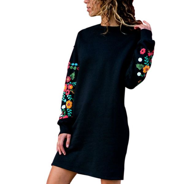 

mini women winter sweatshirt dress elegant floral long sleeve o-neck loose warm dress black streeetwear vestido