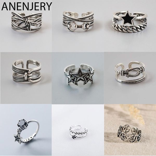 

anenjery vintage 925 sterling silver rings for men women size 16mm-18mm adjustable handmade thai silver rings s-r460, Golden;silver