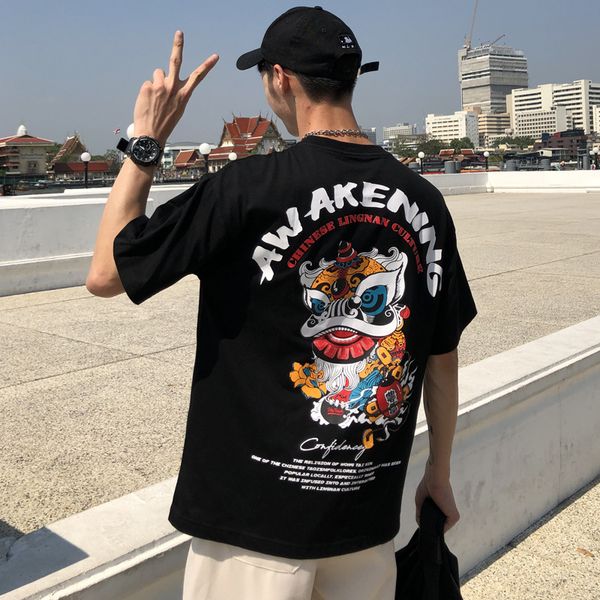 

tide brand-fifth of the sleeve male korean men loose short-sleeved t-shirt trend сердобольные студенты в гонконге на одежде любителей ветра, White;black