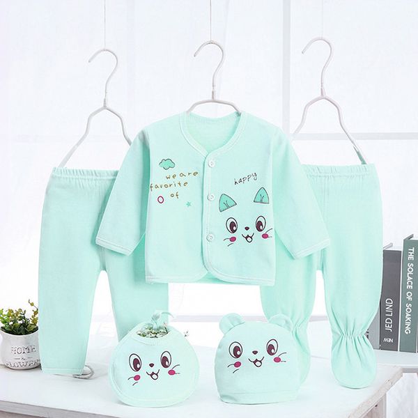 

5pcs newborn clothes 0-3m boys girls baby clothes cartoon cat cotton +hat+bib+two pants sleepwear suit outfit sets new1, White