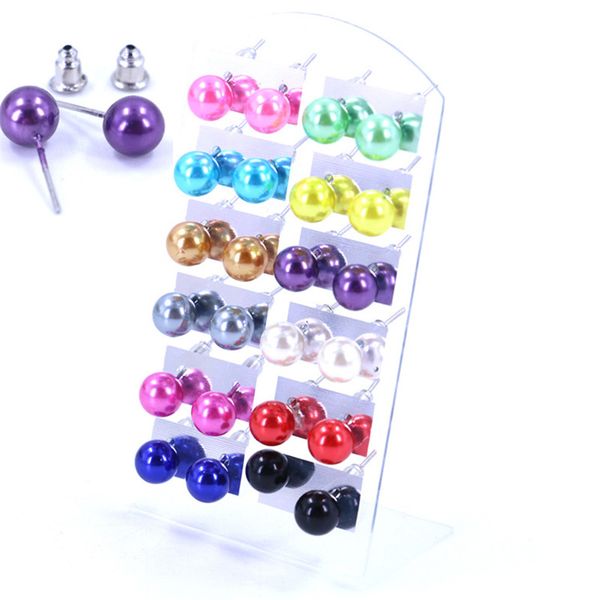 

12 pairs/set classic round ball metal pearl earrings for women girl gifts fashion resin stud earring sets mix jewelry, Golden;silver