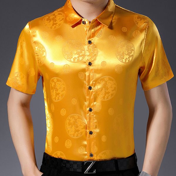 

men's casual shirts gold silk for mens satin burgundy dresses large sizes 2021 fashion summer dragon printed men, White;black