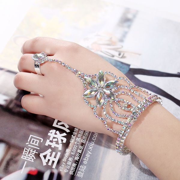 

euroamerican diamond jewelry open bracelet with ring chain fashion bride bracelet accessories, Black
