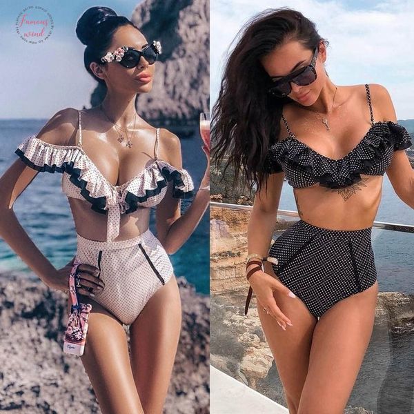 

womens swimming suit bikini swimsuit women ruffles bikini push up pad swimwear dot print swimsuit beachwear set, White;black