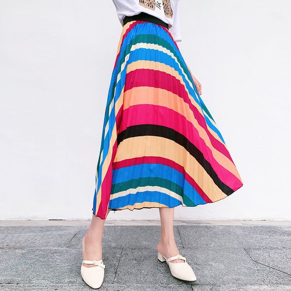 

2019 new-coming women skirts rainbow striped a-line mid-calf skirts high street european style high quality, Black