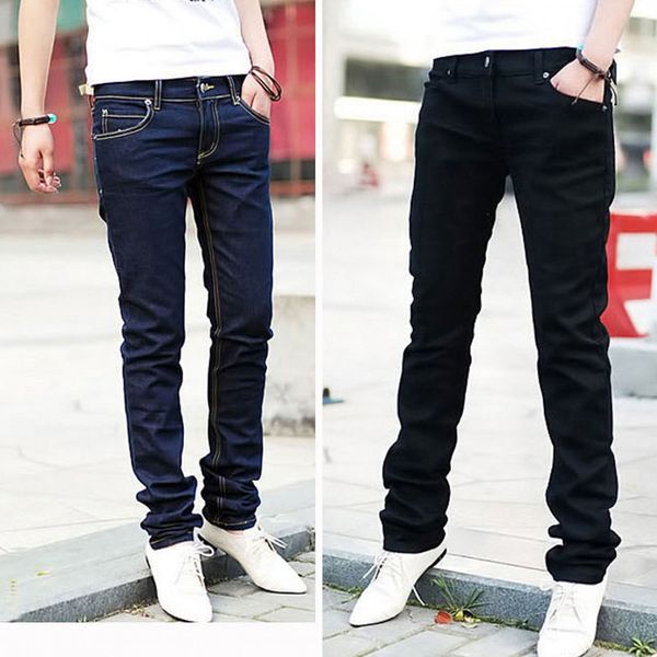 

men casual jeans pencil pants stylish designed straight slim fit trousers, Blue