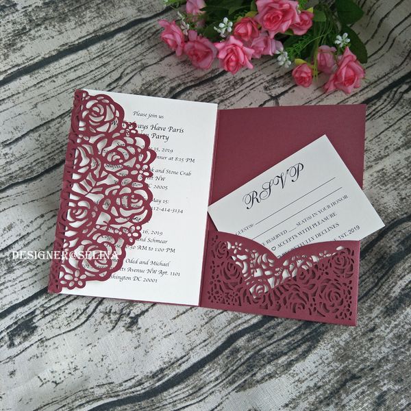 

2019 elegant burgundy ro e la er cut pocket wedding invitation with r vp card 20 color diy invitation for engagement bridal hower