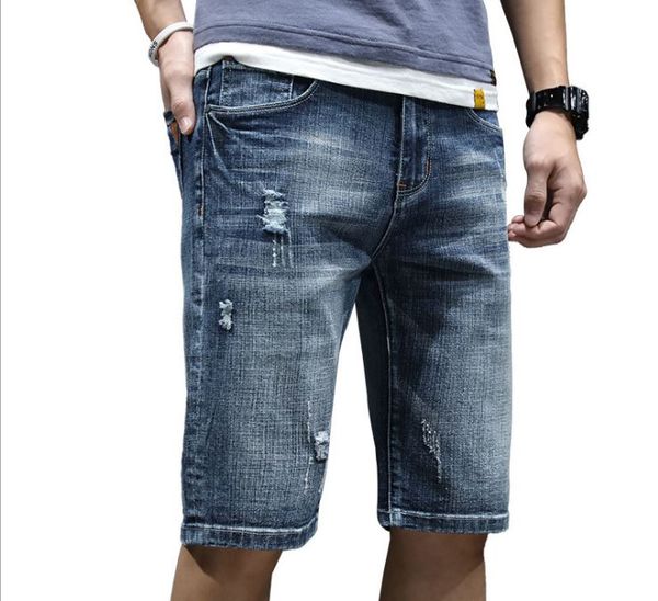 

mens denim jeans hole knee length elastic waist worn out biker summer street urban wind pants, Blue