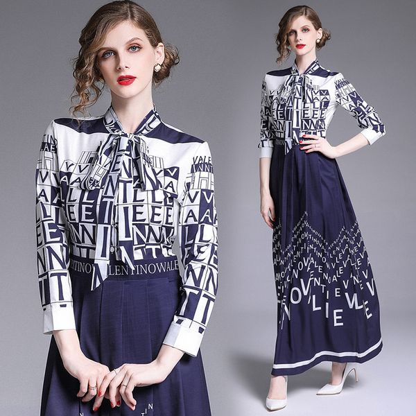 

2019 spring and autumn fashion show long dress women's long sleeve bow vintage floral letter print chiffon party dress, Black;gray