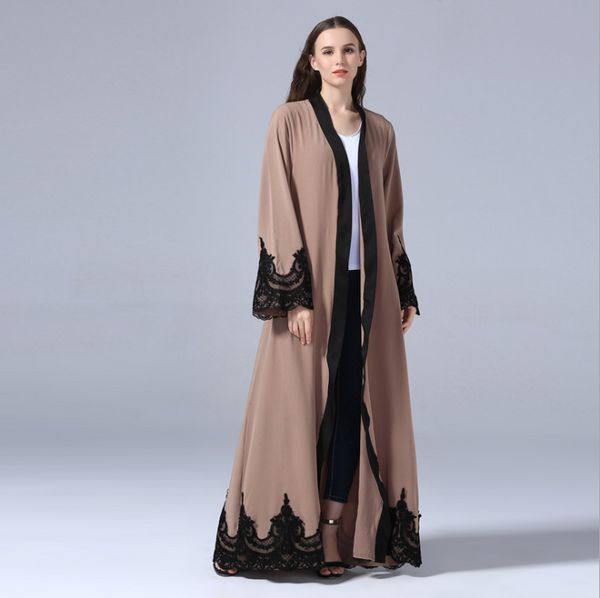 Großhandel-neue Blumenabaya für Frauen Islamisches Muslim Kleid Offene Robe Dubai Caftan Schwarz Weiß Marokkanischer Kaftan Ramadan Gebet Kleidung FQ107