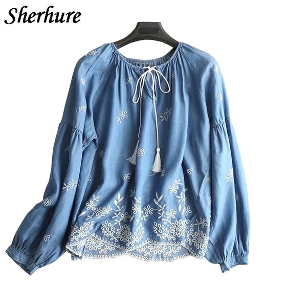 

2018 harajuku spring shirts women floral embroidery v-neck lace-up tencel denim shirts femme blouse blusa loose pullover, White
