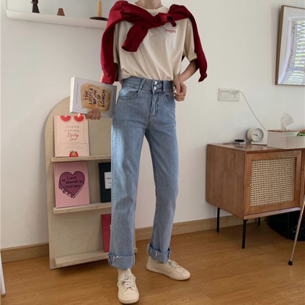 

джинсы женские реальный выстрел 2020 весна женщины одежда новая двухкнопочная высокой талии джинсы свернувшись прямые длинные брюки, Blue