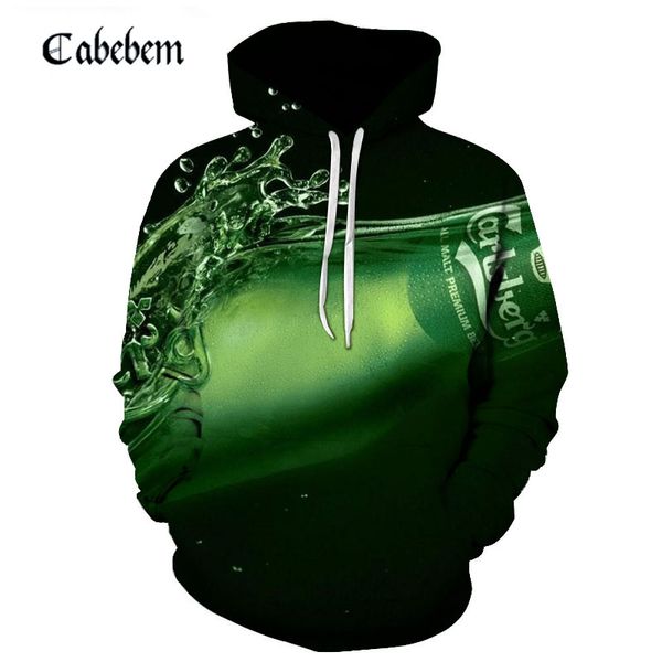 

brand explosive water men sweatshirt 3d print green bottle autumn fashion street clothing beer hoodie punk casual hoodie, Black