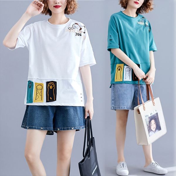 

t-shirt female 2020 artistic cartoon embroidery half sleeve hole loose large size women's t-shirt embroidery wear, White