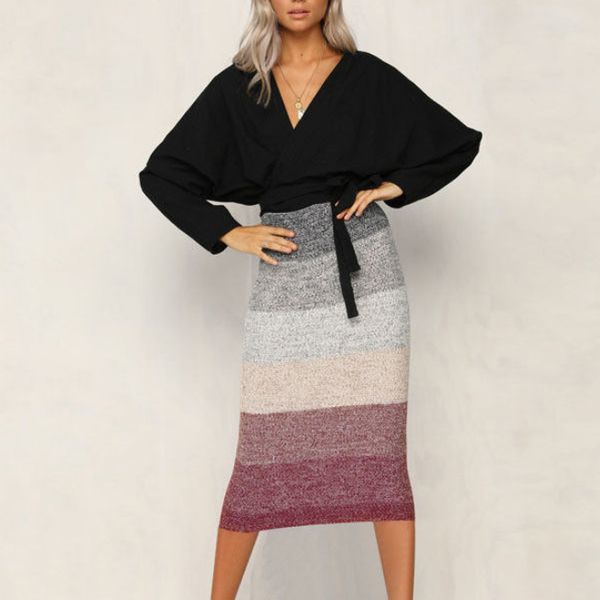 

autumn women lady skirts fashion woman elastic high waist stripe midi skirts pencil skirt streetwear, Black