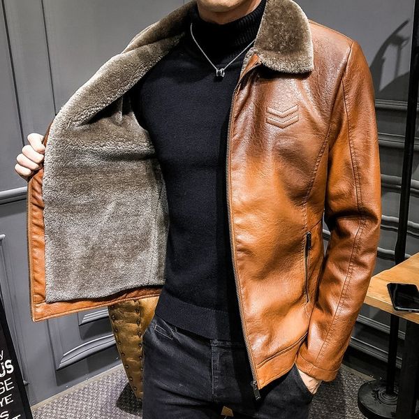 

winter warm men windbreakers coat deri ceket 2018 korean style black slim fit faux leather jacket men fur collar deri mont erkek