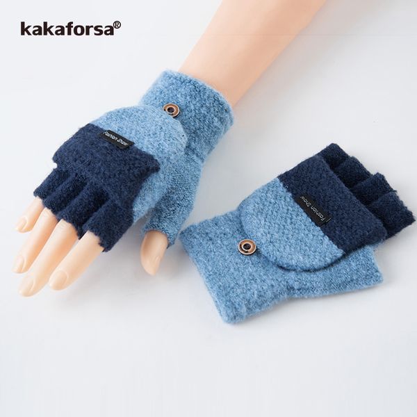 

kakaforsa women thick men fingerless gloves men wool winter warm exposed finger mittens new warm flip half finger glove, Blue;gray