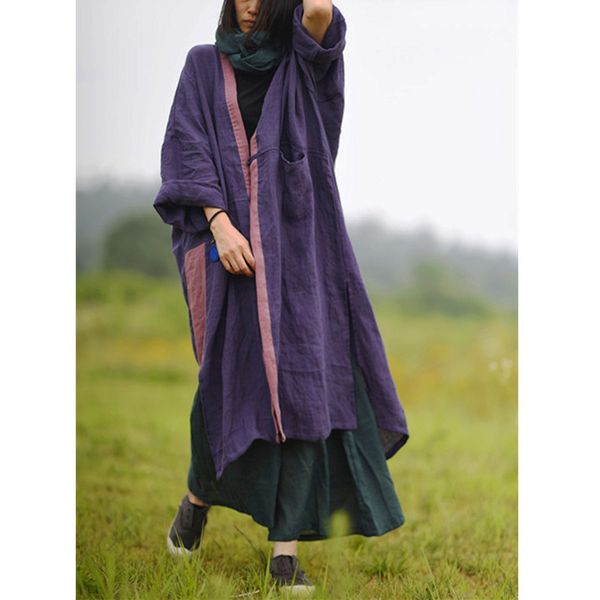 

women loose flax trench coat outerwear ladies linen plus size patchwork long coat female 2019 autumn overcoat irregular length, Tan;black