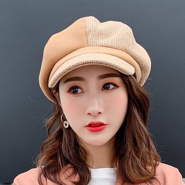 

ruhao women wool beret hat british style elegant color matching octagonal cap female thick warm winter hats visor cap, Blue;gray