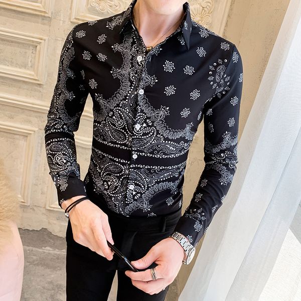 

social shirts men high street casual shirts male print streetwear shirt men's long sleeves floral shirt size -3xl, White;black