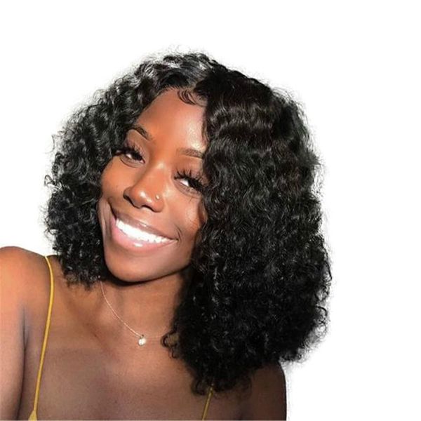 

короткие кружева боб парик глубокая вьющаяся волна 13 * 4 "фронта шнурка человеческих волос парики бразильский реми натуральный цвет реми во, Black