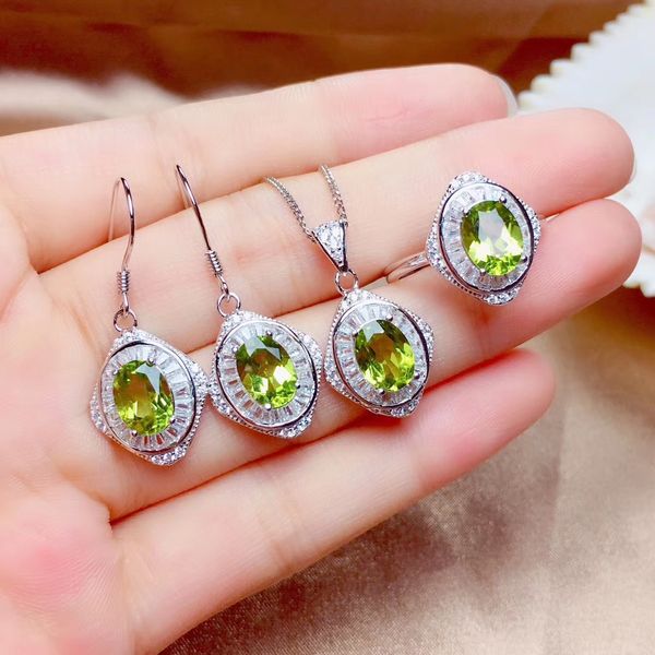 

charming green peridot gemstone ring earrings and necklace jewelry set with silver, Black
