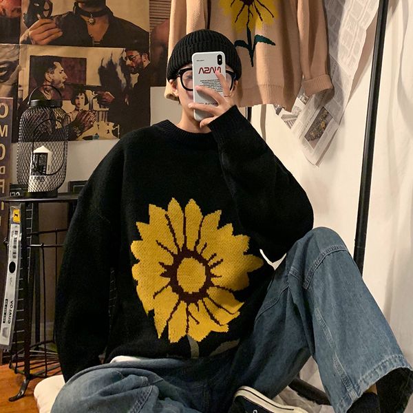 

winter men's round neck coats in warm cashmere sweaters loose embroidery knitting fashion trend casual woolen pullover size s-xl, White;black