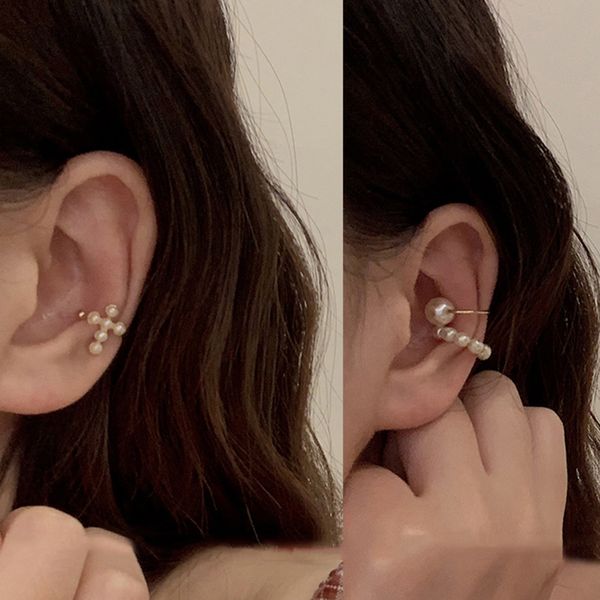 

ghidbk boho pearl circle ear clips set women dainty fake pearl cross clip on earring set minimalist summer ear cuffs non pierced, Silver