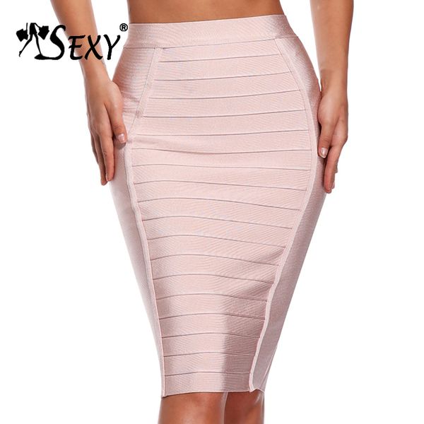 

go2019 fashion women knee pencil women bandage skirt solid elastic stripe official club bodycon lady skirt wholesale, Black;gray