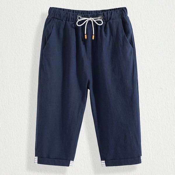 

summer men pants new drawstring elastic waist cotton and linen pants plus size 4xl man cropped multicolor casual, Black