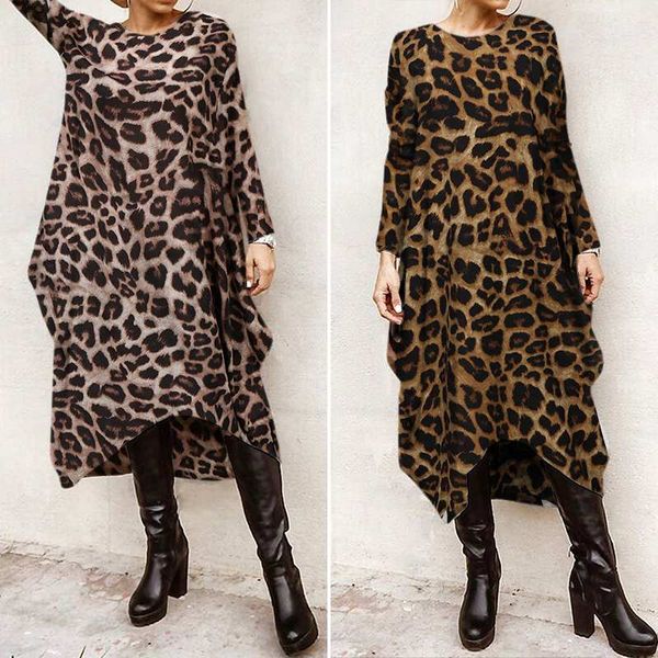 

fashion casual midi asymmetrical dress women's spring sundress zanzea long sleeve vestido female leopard print robe plus size, Black;gray
