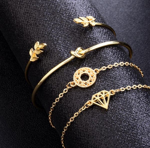 

4pcs/set exquisite simple knot love gold opening bracelet set vintage leaf arrow bangle cuff bracelets causal women jewelry set, Black