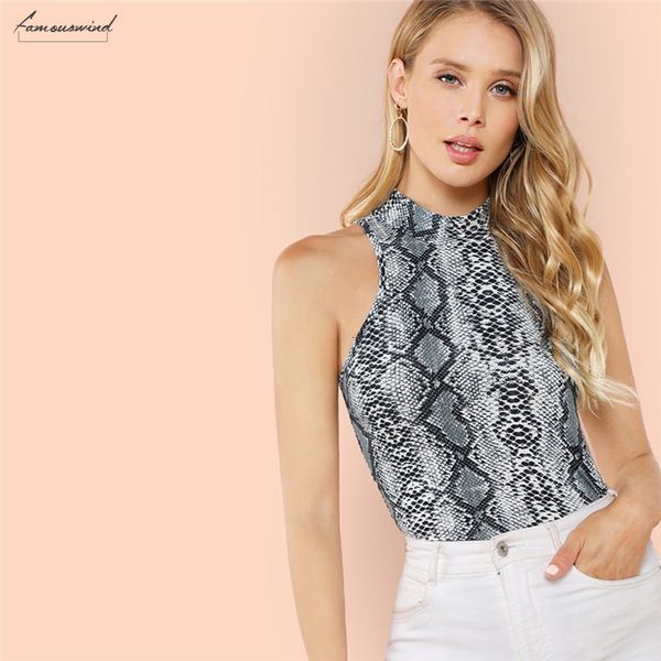 

modern classy lady polyester streetwear multicolor mock neck stand collar animal snake skin summer women solid vests, White