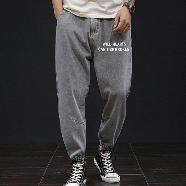 

men's jeans large size 2021 spring and summer loose printed nine-point young man casual jean pants, Blue