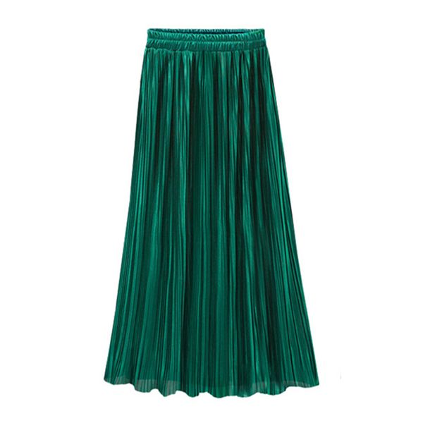 

16 colors golden silver vintage long pleated skirts elegant metallic jupe femme high waist casual loose maxi skirts faldas saias, Black