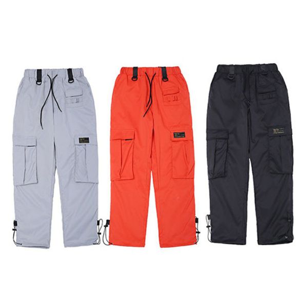 

new men women cargo pants hip hop elastic waist casual jogger gzk sweatpants pockets decoration orange silver autumn, Black